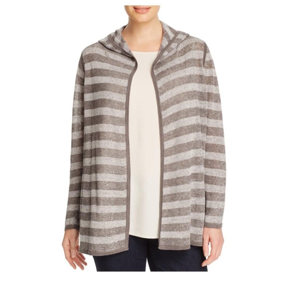 Eileen Fisher Open Front Hooded Cardigan Size S Gray Striped Linen.